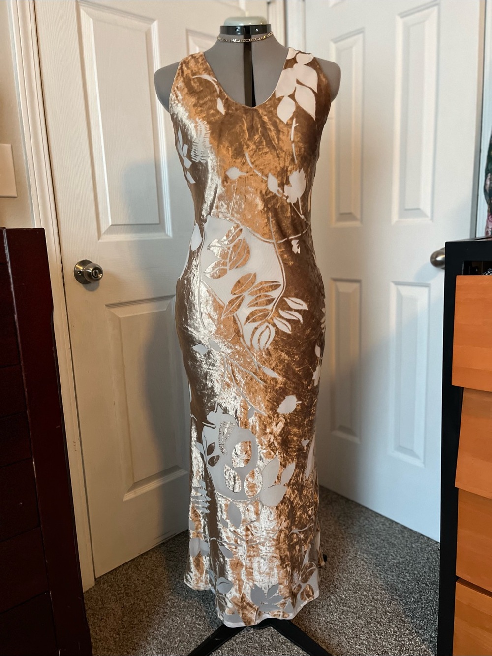 Gala Collection Velvet Burnout Gown, Pale Gold, Size S